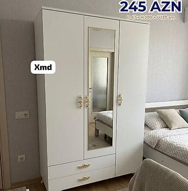 Ağ rəngli 3 qapılı paltar şkafı - Ölçülər: Dərinlik 47 sm × Hündürlük