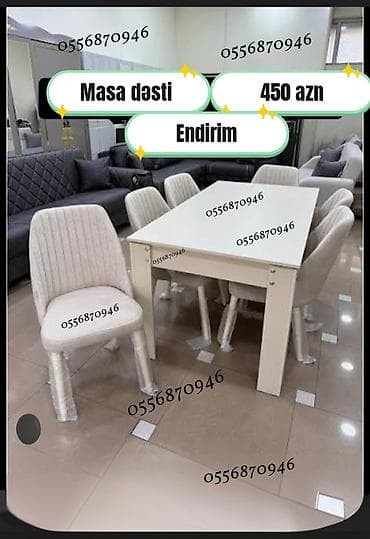 Qonaq otağı üçün, Yeni, Açılmayan, Dördbucaq masa, 6 stul