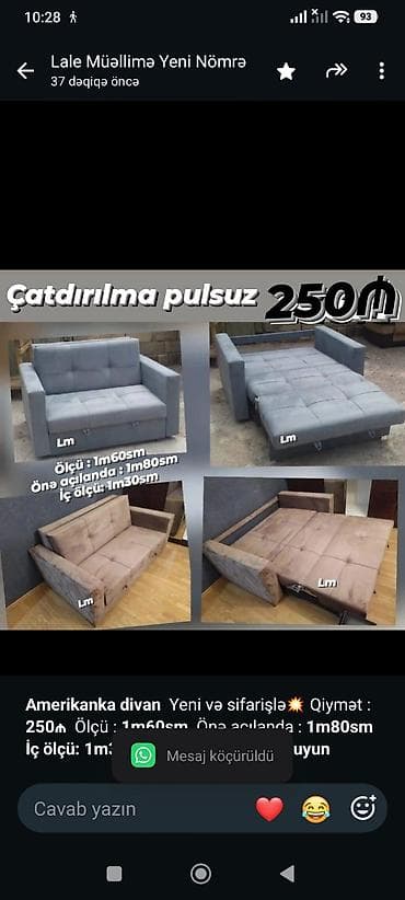 Мебель на заказ: *Amerikanka divan* Yeni və sifarişlə💥 Qiymət : *250₼* Ölçü  — 1