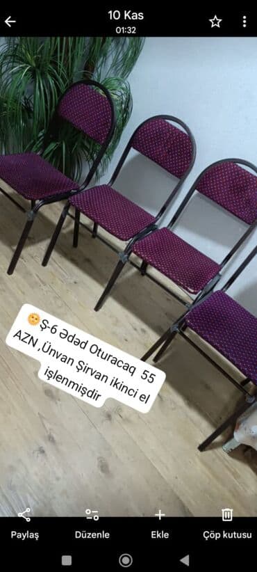 Seyflər: Metal karkaslı qatlanan banket/stul dəsti. - Say: 6 ədəd - Rəng: tünd — 1