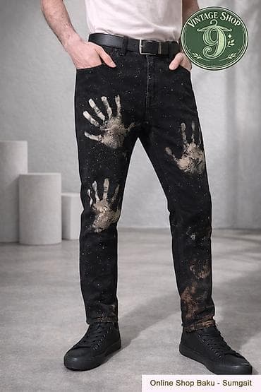 cins godəkcə: Unikal dizaynlı kişi cins şalvarı - Rəng: qaraya yaxın tünd - — 1