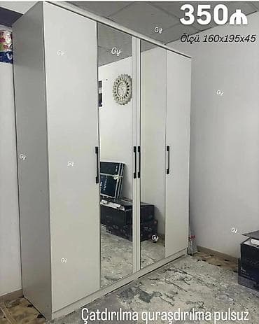 4 qapılı ağ gardırob – güzgülü model Ölçü: 160 x 195 x 45 sm Qiymət