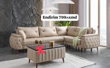 kürsü masası: Künc divan dəsti – bej rəngdə, yumşaq toxumalı parça üzlüklə. Kapitone — 1