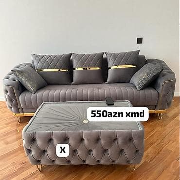 işləmiş divan: Mebellər dəsti: boz rəngli divan və puf/oturacaq-stol. - Rəng: tünd — 1