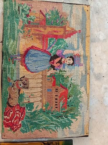 Bitkilər üçün dibçəklər: Üç ədəd ev dekoru/mebel dəsti - Gobelen panosu: Əl işi tikiş — 1