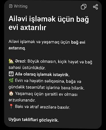 Ailəvi işləmək və yaşamaq üçün bağ evi axtarılır. - Ərazi: Böyük