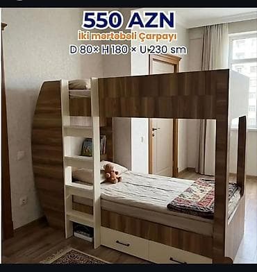 1.İki mərtəbəli çarpayı – 550 AZN Ölçülər: - Dərinlik: 80 sm -