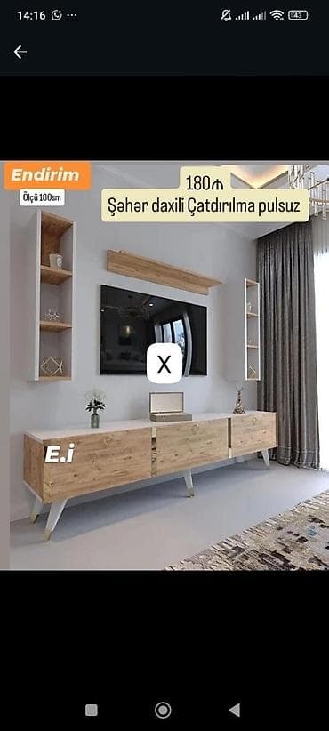 divar refleri: TV stendi və divar rəfi dəsti - Ölçü: 180 sm - Dəst: aşağı TV tumbası — 1