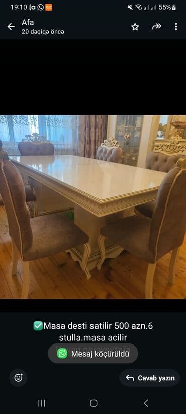 stol stul sumqayit: ✅Masa desti satilir 500 azn.6 stulla.masa acilir
Unvan qarayev*afa — 1