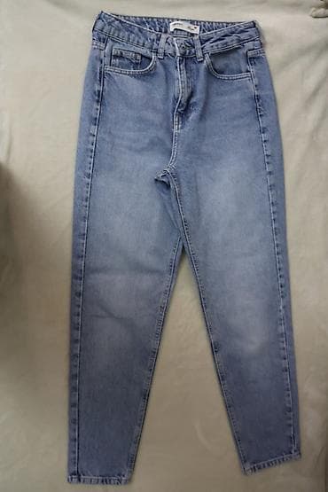 pul kiseleri: Mavi rəngli koton mom jeans şalvar - Klassik açıq mavi rəng, yüngül — 2