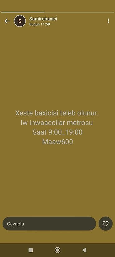 Xəstə baxıcısı tələb olunur. - İş yeri: İnşaatçılar metrosu yaxınlığı