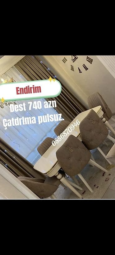 Qonaq otağı üçün, Yeni, Açılmayan, Dördbucaq masa, 6 stul