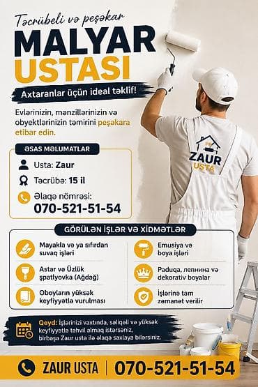 Tikinti və təmir: Peşəkar Malyar Ustası – Zaur 15 illik təcrübəyə malik usta Zaur — 1
