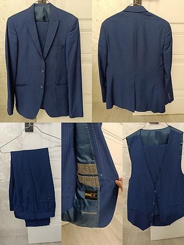 Klassik üçlü kişi kostyumu – mavi rəngdə, incə ağ zolaqlı dizayn