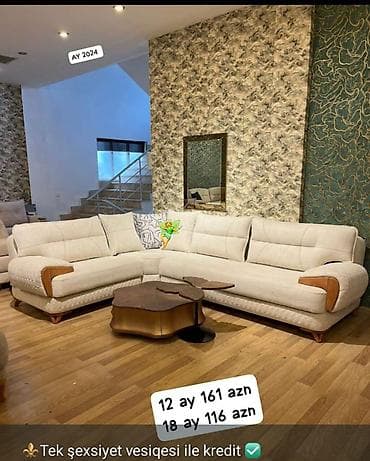 o7 sekilleri: Künc divan dəsti – müasir dizayn, bej rəngli yumşaq parça üzlük, taxta — 1