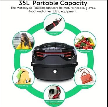 17 disk təkər: Qara rəngdə, arxa işıqları olan motosiklet üçün yük qutusu. ABS və PP — 6