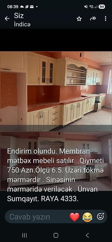 мембран мебель: Membran mətbəx mebeli - Ölçü: 6.5 m - Üst lövhə: tökmə mərmər - Sınaq — 1