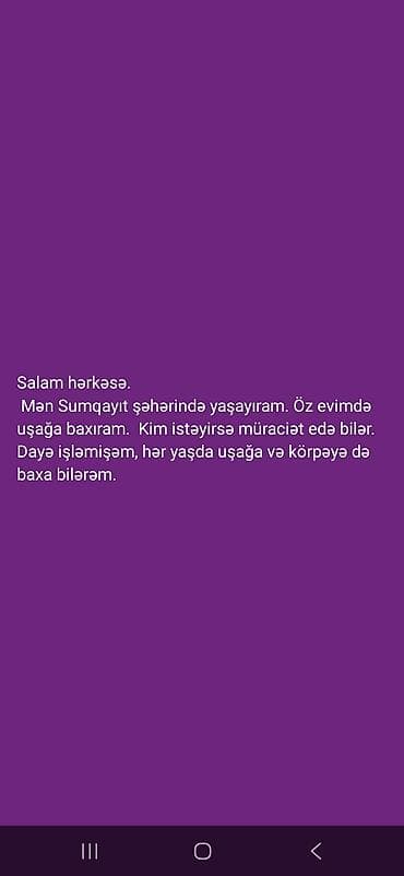 Uşağa baxım xidməti – Sumqayıt - Xidmət yeri: Sumqayıt şəhəri, öz lalafo.az -da Uşağa baxım xidməti – Sumqayıt - Xidmət yeri: Sumqayıt şəhəri, öz