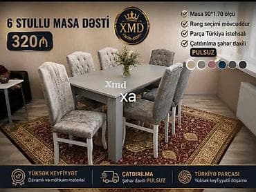 6 stullu masa dəsti - Masa ölçüsü: 90 × 170 sm - 6 ədəd yumşaq