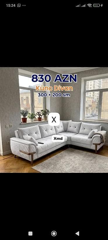 metbex kunc divan: Künc Divan – 300 × 200 sm - Rəng: açıq boz/boz-ağ ton - Dizayn: L — 1