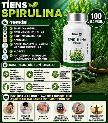 Tiens Spirulina – 100 kapsul Məhsul: Spirulina yosunundan hazırlanmış
