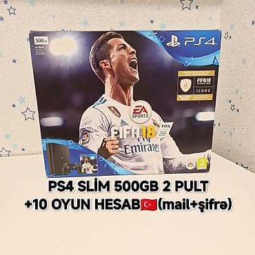 PS4 slim 500gb qutuda, tam komplekt, zavod plombu üzərində, 2 pult +10