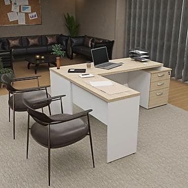 Müasir L‑şəkilli ofis masası dəsti - Dizayn: İki səthli L-forma iş