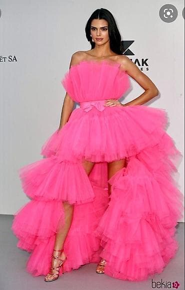 Neon çəhrayı tül kokteyl/ball gecəsi libası Şəkillərdə libasın həm