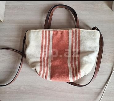 kətan paltar: ZARA brendi qadın çantası - Model: Kanvas materiallı, zolaqlı dizayn — 2