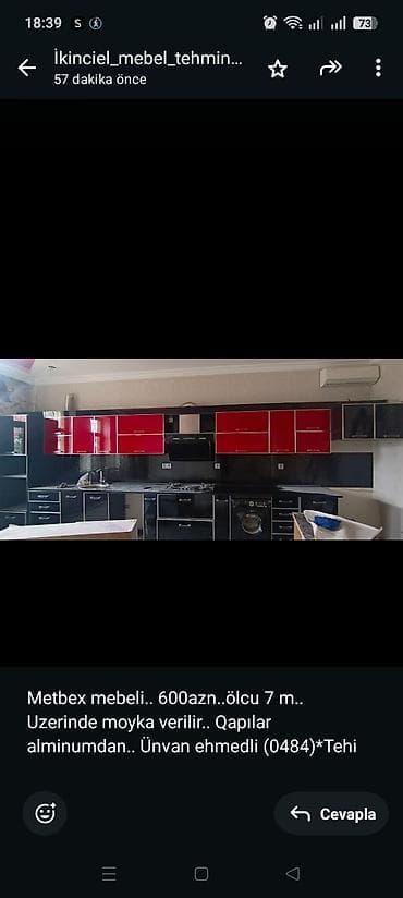 2 ci el taxt: Metbex mebeli. 600azn. ölcu 7 m. Uzerinde moyka verilir. Qapılar — 1