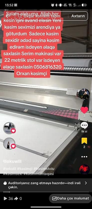 Tekstil kəsim xidməti - Yeni təşkil olunmuş kəsim sexində yalnız