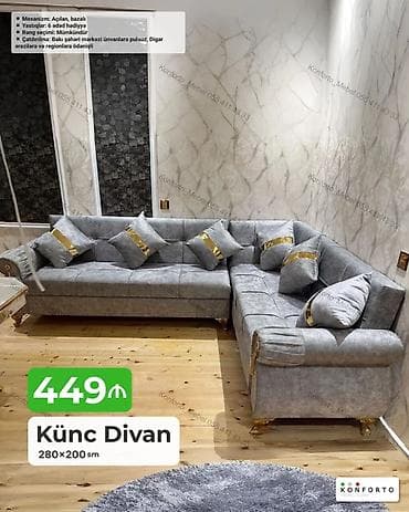 Диваны: Künc Divan – 280×200 sm - Şık boz rəngli, qızılı dekor detalları və — 1
