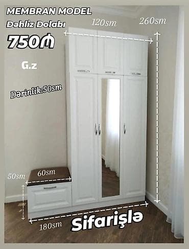 3 qapılı, Güzgülü, Ağ, Digər material, Açılan, Düz dolab