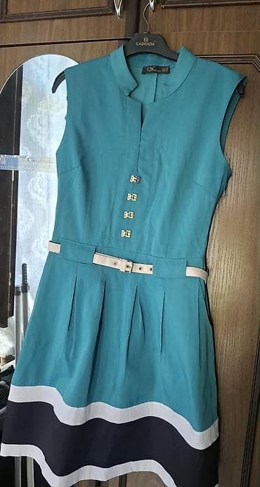 Qadın paltarı – zəngin firuzə rəngdə, dizə qədər uzunluqda, sleeveless — 2