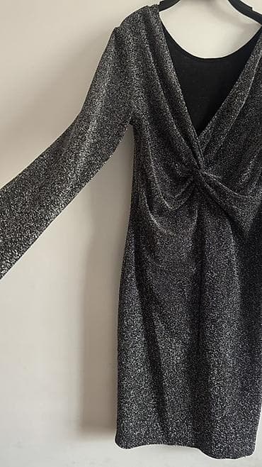 Qara-gümüş parıltılı ziyafət donu - Model: uzun qollu, dizə yaxın — 2