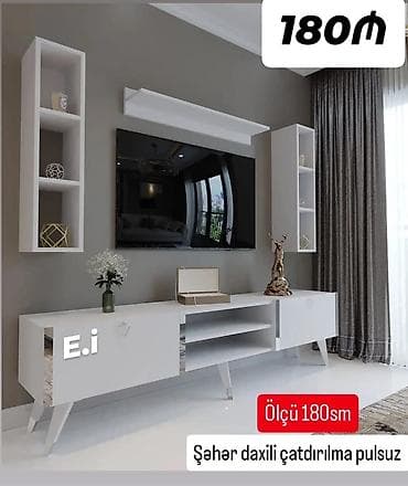 stend: TV stendi və divar rəfləri dəsti - Ölçü: 180 sm - Rəng: ağ - — 1