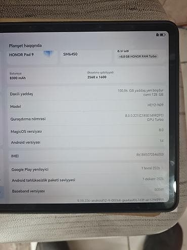 4 k hdmi kabel: HONOR Pad 9 planşet Texniki xüsusiyyətlər: - Ekran: 2560 × 1600 — 3
