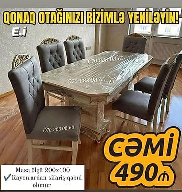 bar stul: Qonaq otağı üçün, Yeni, Açılmayan, Dördbucaq masa, 6 stul — 1