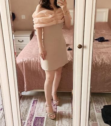 Şık kokteyl/gecə geyimi – açıq bej rəngdə mini don - Model: çiyinlər