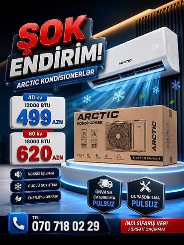 Kondisionerlər: 40 kv 12000 BTU – 499 AZN 60 kv18000 BTU – 620 AZN Anbardan satış — 1