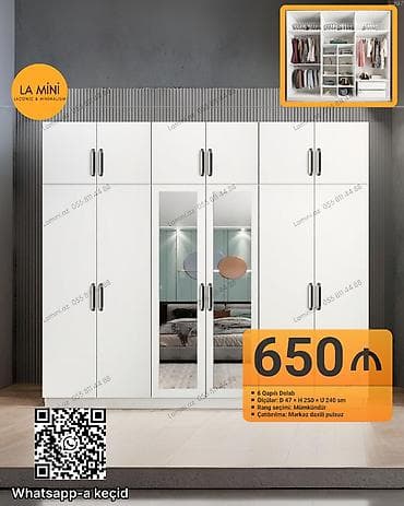 mini drel: 6 qapı, Güzgülü, Ağ, Açılan, Düz dolab — 1