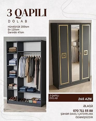 3 qapılı dolab - Ölçülər: hündürlük 200 sm, en 120 sm, dərinlik 47 sm