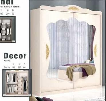 Dekor qarderob – krem rəngli, güzgülü sürgülü qapılı dolab. Fabrik