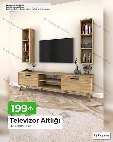 taxta ref: Televizor altlığı və divar rəfləri dəsti - Ölçü: 40×50×180 sm (TV — 1