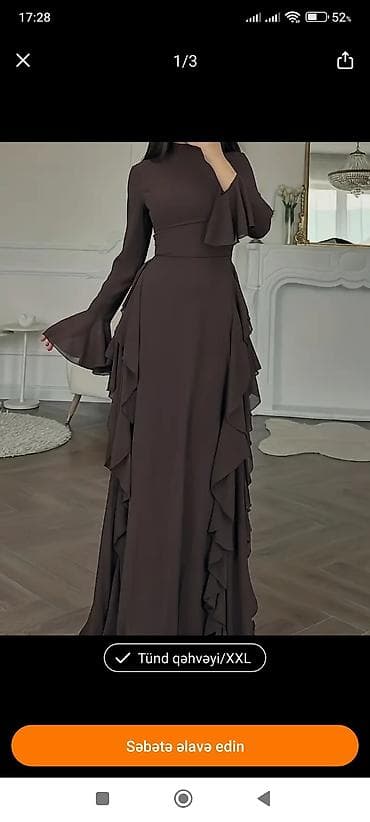 Tünd qəhvəyi rəngdə zərif uzun don. Yüksək bel kəsimi bədəni incə