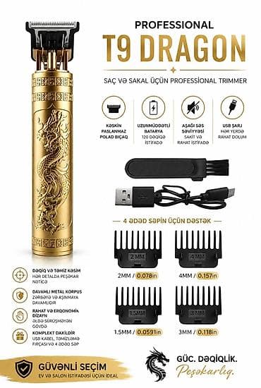 Metal qızılı gövdəli, naxışlı peşəkar saç-saxlayıcı və trimmer dəsti