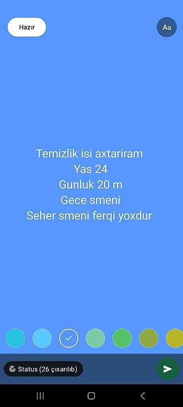 Xidmət: Təmizlik işi (fərdi icraçı) - Yaş: 24 - Günlük 20 m - Gece — 1