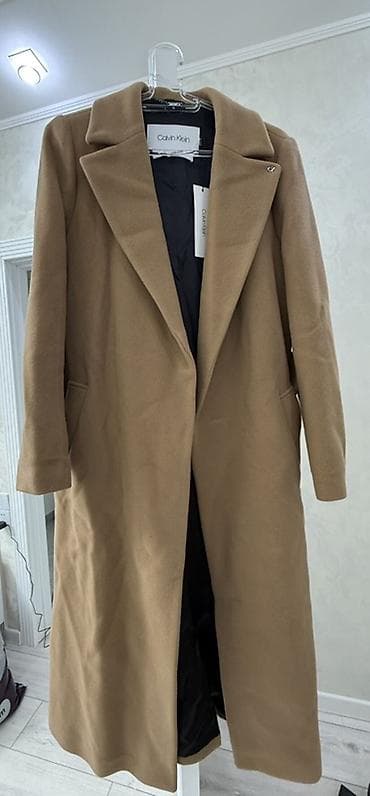 calvin clein: Calvin Klein qadın palto – kasemir, klassik bej rəngdə, uzun kəsimli — 1