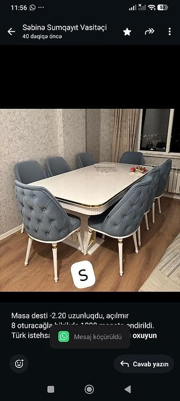 Masa desti -2.20 uzunluqdu, açılmır 8 oturacağla bilrikde 1000 manata