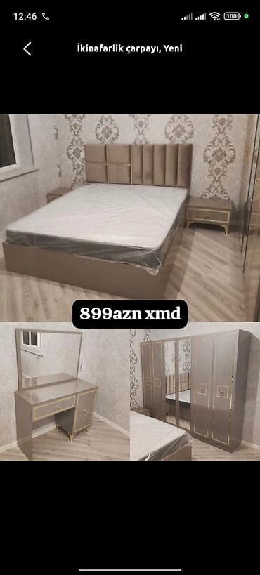 İkinəfərlik yataq dəsti - Rəng: bej/qəhvəyi tonlarda, qızılı dekor